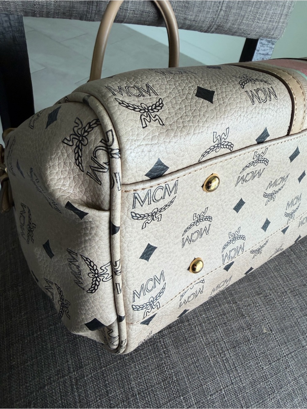 MCM Beige Satchel with Pink and Mint Center Stripe - Picture 9 of 15